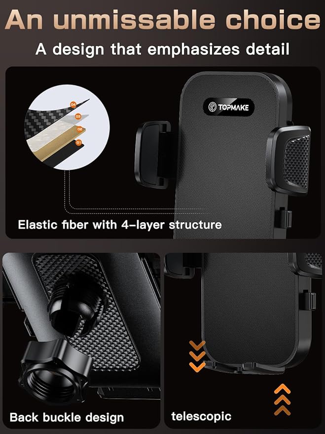 Topmake Car Phone Holder Mount,【2025 Upgrade】 3-in-1 Cell Phone Holder for Car, Dashboard Windshield, Suction Cup Hands-Free Car Phone Stand, Automobile Cradles Universal,Black