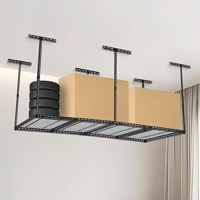 Overhead Garage Storage Rack, Heavy Duty Ceiling Storage Racks for Garage, Adjustable Height, 660LBS Weight Loading,4x8 FT Hanging Organizer Shelving for Warehouse Basement, Black