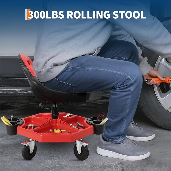 Garage Stool, 19”-24” Adjustable Rolling Mechanic Stool with Universal Wheels, Removable Magnetic Tool Tray, 300LBS Capacity, Roller Creeper Seat, Shop Chair