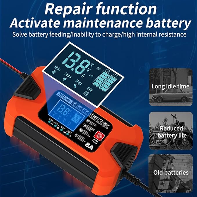 ZiYiJuan 8-Amp Smart Car Battery Charger and Maintainer, 12V/24V Automatic with LCD Display