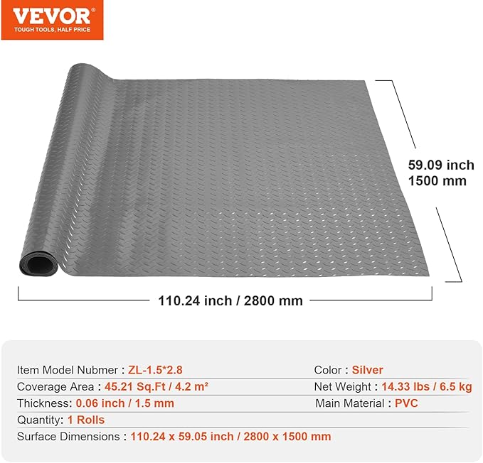 VEVOR Garage Floor Mat, 9.2 x 4.9 FT PVC Garage Flooring Roll, Non-Slip Diamond Texture, 45.21 sq.ft Covering Space, Garage Mats for Under Cars, for Gyms Boats Car Trailer, Silver