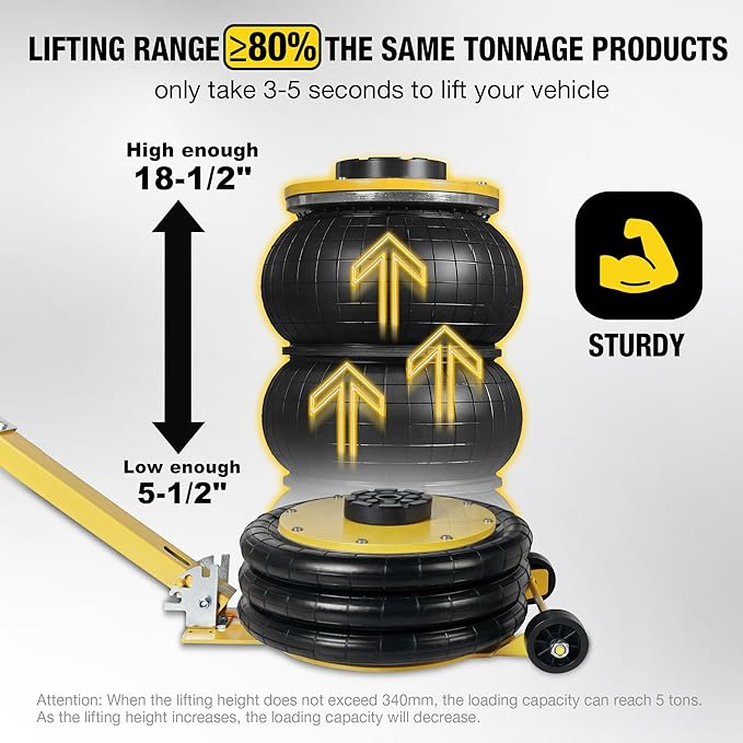 YELLOW JACKET Air Jack 5 Ton Airbag Jack with Adjustable Long Handle and Six Steel Pipes, Lift up to 18.5 inch/470 mm, 3-5 s Fast Lifting Pneumatic Jack for Cars, Garages, Repair