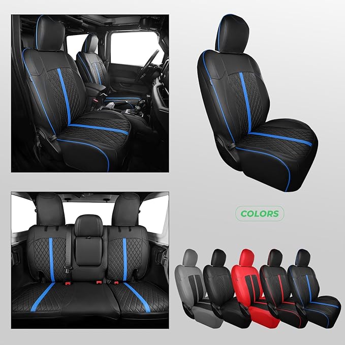 for Jeep Wrangler Seat Covers 4Door JL 2018 2019 2020 2021 2022 2023 2024 2025, Custom Car Seat Cover Full Set, Luxury Waterproof Leather Seat Protectors, Black Blue Trim,With Rear Cup Holder