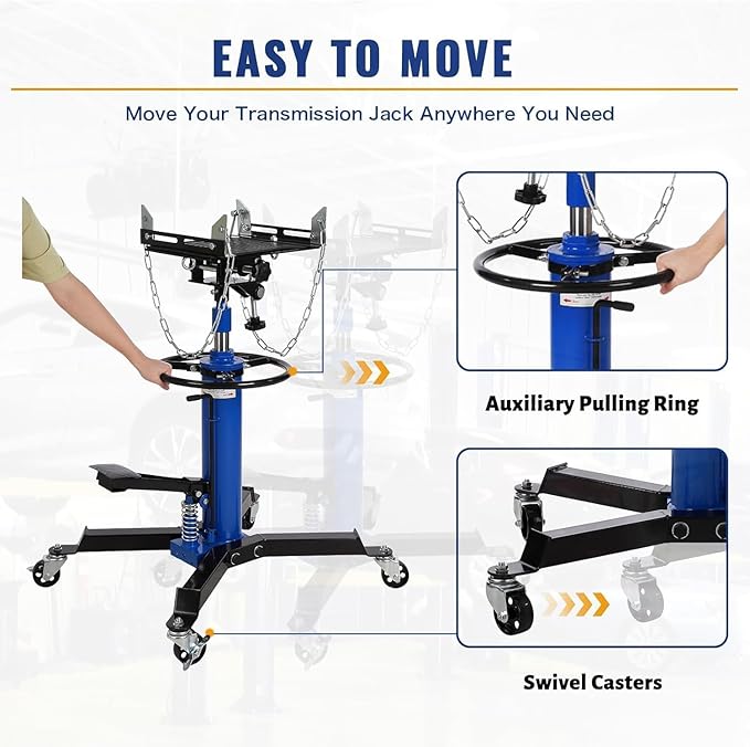 Transmission Jack 1100 LBS Hydraulic Telescoping 2-Stage Lift Jack Stand 33.8"-72.8" High Lift Transmission Jacks with Foot Pedal & 360° Swivel Wheels for for Garage/Workshop Car and Truck Repairs