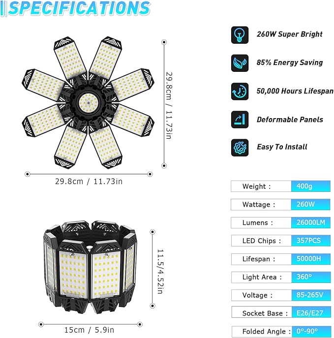 ISKYDRAW LED Garage Lights, 4 Pack Garage Lighting 260W 26000LM Bright Shop Ceiling Lights Screw Into E26 E27 Bulb Socket, Deformable 8+1 Panels 6500K Basement Bay Lighting for Workshop Barn Porch