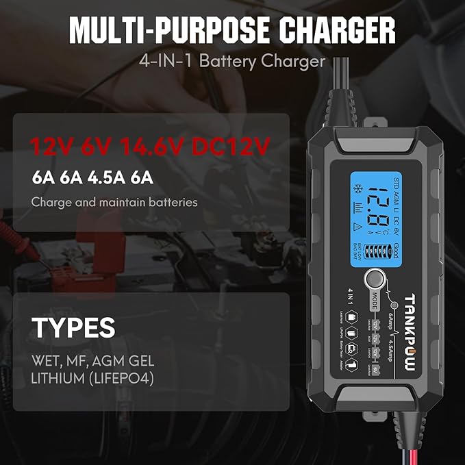 6-Amp Automotive Battery Charger, 6V and 12V Smart Car Battery Charger,Trickle Charger Battery Maintainer and Desulfator,Float Charger for Car,Motocycle,ATV,Lithium and Deep Cycle Batteries.