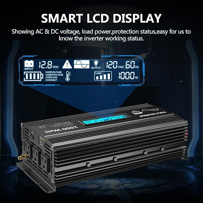 1000 Watt Pure Sine Wave Power Inverter ETL UL458 12V DC to 110V 120V AC 1000W for Home RV Truck Off-Grid Solar Compatible with Lithium Battery with LCD Display [3 Years Warranty] by VOLTWORKS