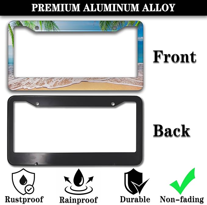 License Plate Frame Multicolor License Plate Holder Palm Trees with Tropical Ocean Beach Scene Aluminum Metal Car Accessory 2 Pack with Screw Covers Set