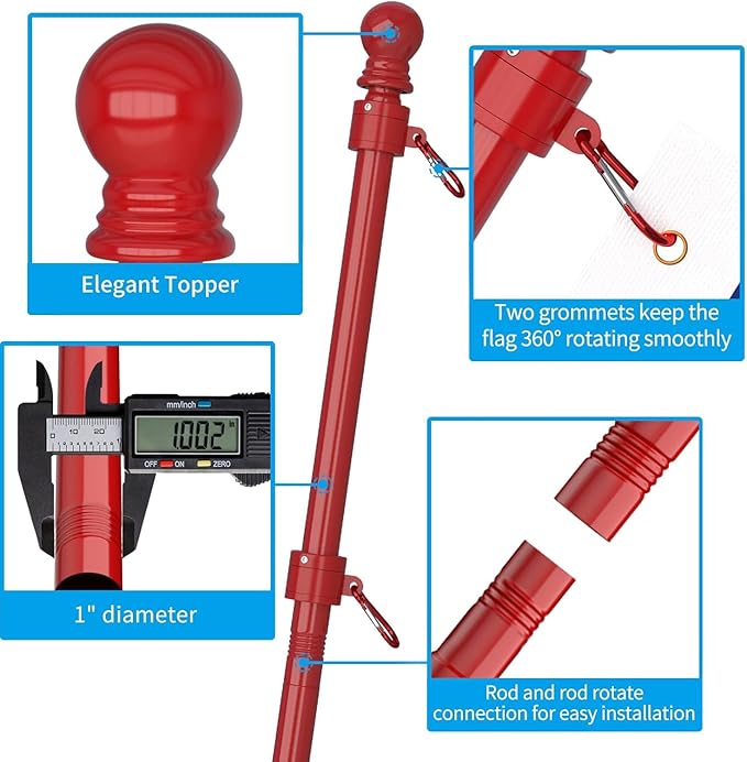 ZMTECH Flag Pole - Upgraded Bracket, 6 FT Stainless Steel Flag Poles for Outside House, Residential or Commerical, Tangle Free Flag Pole Kit for American Flag (Without Flag, Red)