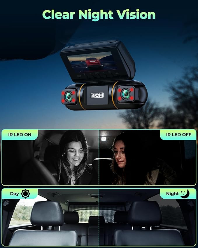 LAMTTO Dash Cam Front and Rear Inside with Hardwire Kit for 24h Security Parking Monitor, 360 Degree View 4 Channel 1080P Dash Camera for Cars Left Right, IR Night Vision Dashcam, Free 128GB Card