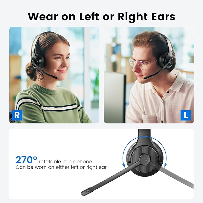 EKSA H3 Trucker Bluetooth Headset V5.4, Wireless Headphones with Mic Noise Cancelling, Mute Button & Replacement Ear Cushion, 65Hrs Driver Bluetooth Headset for Cellphone Office Work