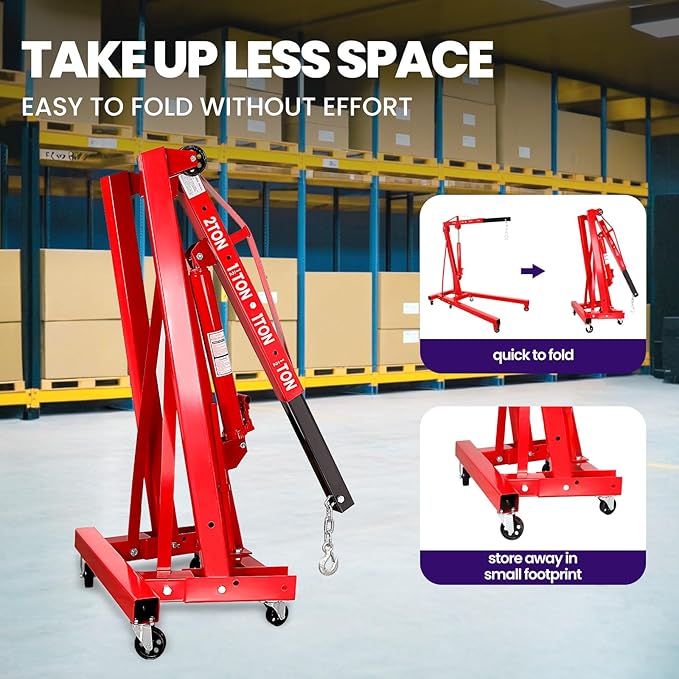 RQR Engine Hoist 2 Ton, Hydraulic Cherry Picker Engine Lift Crane with Leveler, Foldable Shop Crane with Adjustable Boom & 6 Caster Wheels, Heavy Duty Motor Hoist for Garage Engine Jack Lifting
