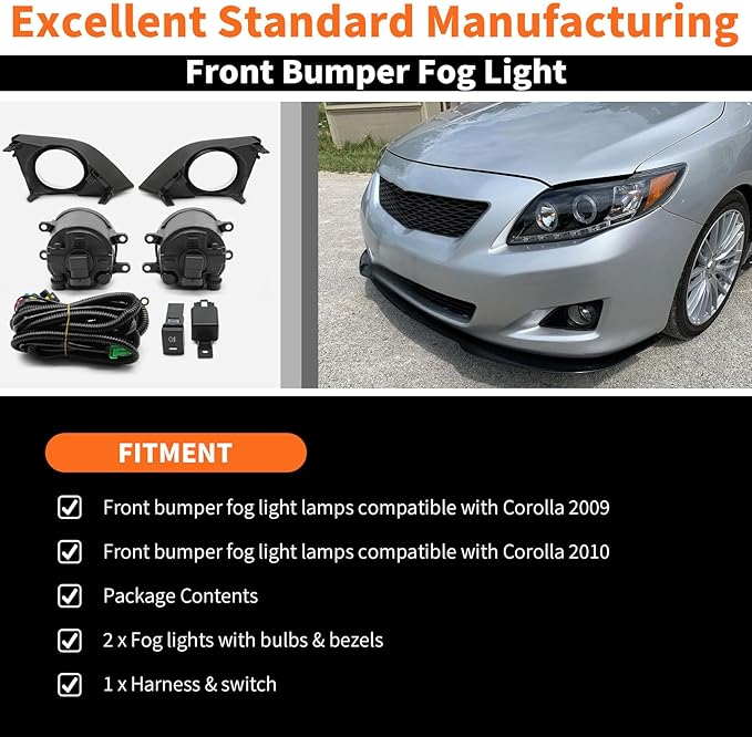 Fog Light Assembly Compatible with Corolla 2009-2010 Fog Lamp w/H11 12V 55W Halogen Bulbs & Bezels & Harness & Switch