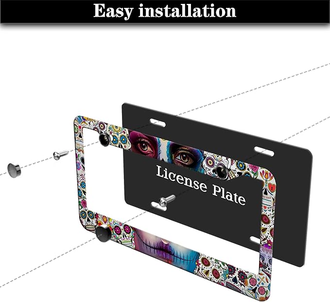 License Plate Frames for Women Multicolor Plate Cover for Men Sugar Skull Universal Aluminum Car Accessory 2 Pack with Screw Covers Set
