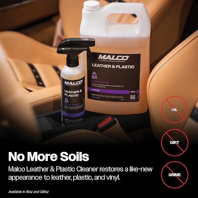 Malco Leather & Plastic Cleaner – Penetrates Deep to Remove Dirt, Grime and Oily Soils/Restores Leather, Plastic and Vinyl/Leaves Surfaces Clean, Shiny and Film-Free / 1 Gallon (100101)