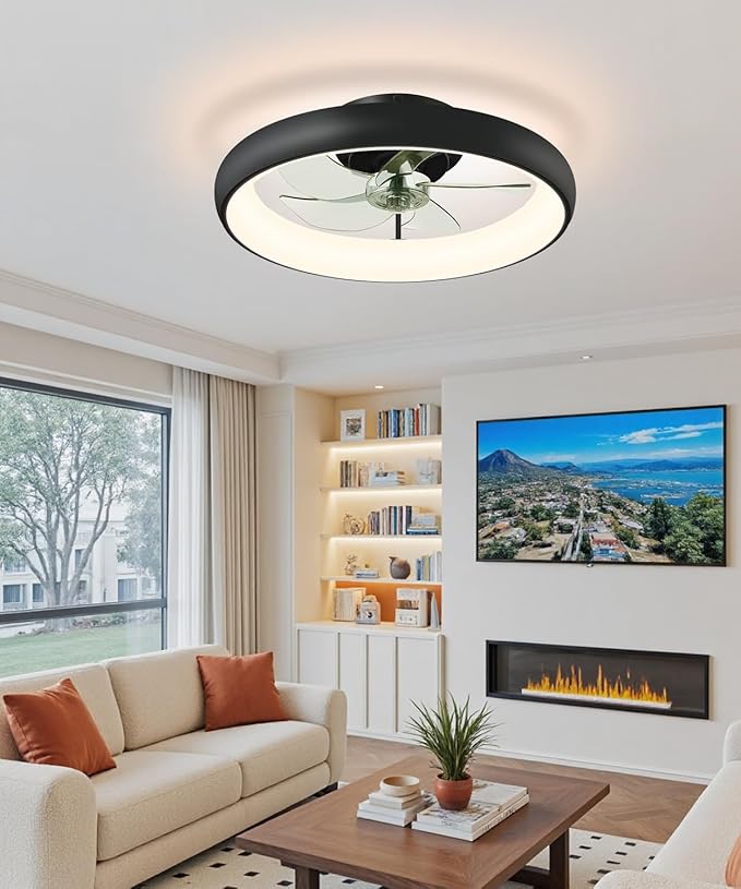 Ceiling Fans with Lights and Remote, 20" Modern Low Profile Ceiling Fan with Light, 2700K-7000K Stepless Dimming Fandelier Flush Mount Led Fan Light and 6 Wind Speeds for Bedroom(Black)