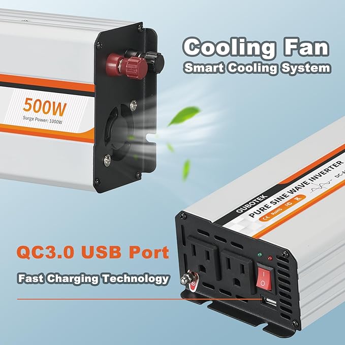 500W Power Inverter, DC 12V to 120V AC Converter for Vehicles Car, Pure Sine Wave Adapter with USB Port and 2 AC Outlets Car Charger for Laptop Smartphone Small Power Tool