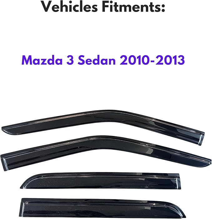 KPY Window Visor Compatible with Mazda 3 Sedan 2010-2013, 4PC Rain Guard Side Window Vent Deflectors Tape-On Mugen Style, 2010 2011 2012 2013