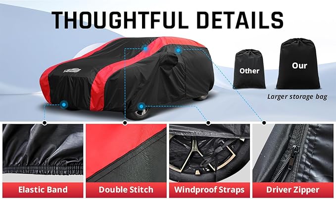 Full Exterior Covers for Waterproof Protection with Red Stripe Design,SUV Car Covers for Automobiles Universal Fit Nissan Kicks, Subaru Crosstrek, Jeep Compass Liberty, Kia Soul Sportage