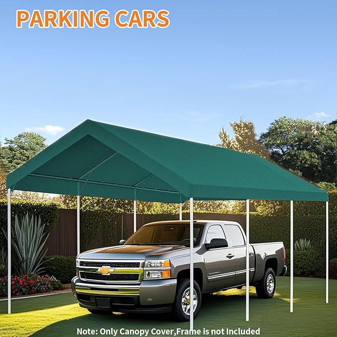 10'x20' Carport Replacement Top Canopy Cover for Car Garage Top Tarp Shelter, Waterproof Car Cover Tent for Party Garden Boat with Ball Bungees (Frame is not Included) (Greem, 10' x 20')