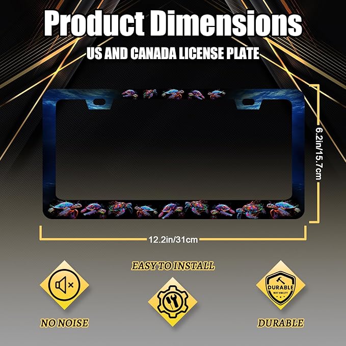 Sea Turtle License Plate Frame Blue Turtles License Plate Stainless Steel Ocean Animals Funny Accessories Cars Decor 12.2 X 6.2 Inch with 2 Holes and Screws Fits Standard Us Ca Vehicles