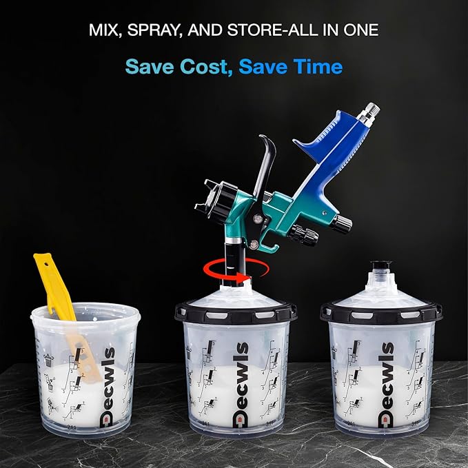 Disposable Paint Cup System 20 Ounce (600ml) Kit - 50 Pack Paint Cups with Lids, 2 Hard Cup with Retainer Ring, 20 Plugs, 2 Cup Adapter, PTFE Tape, Paint Stirrer for Automotive Paint Gun