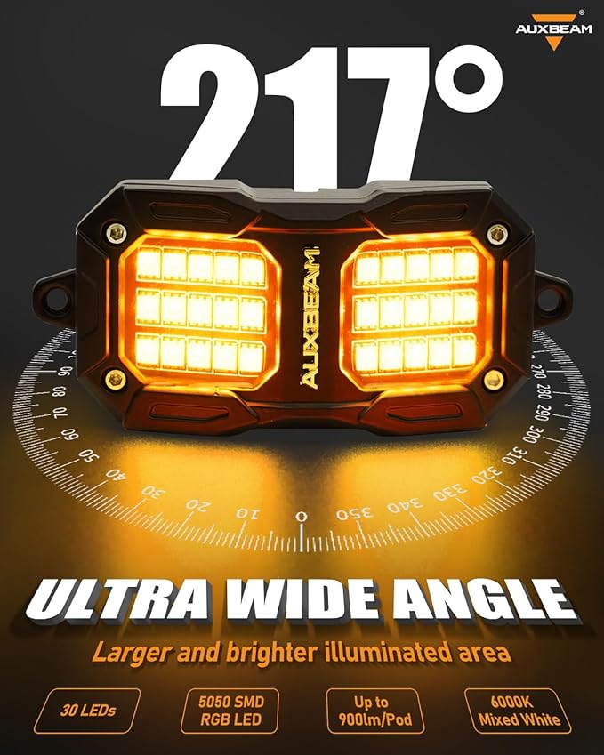 Auxbeam 2-Pod Dynamic Color Changing RGB LED Rock Lights for Trucks UTV ATV Boat Waterproof, Bluetooth&Remote Control Wheel Well Lights w/Brake Mode, 1 Year Warranty, (No Controller)