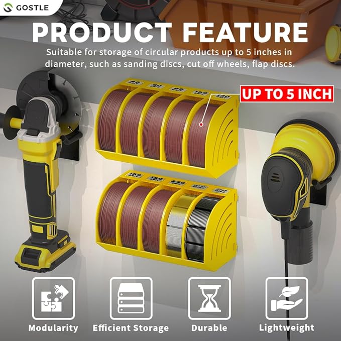 5 Inch Professional Sanding Discs Storage Bins - 8 Bins Set for Efficient Organization, Offset Snap-On Connection, Grit Classification, Space-Saving Design and Versatile Application, Yellow