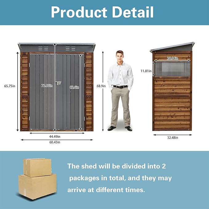 5x3 FT Outdoor Lean to Shed with Windows, Wood & Metal Tool Shed Waterproof Storage House for Outside Patio, Garden, Backyard, 4 Vents (Without Floor) Wood Color