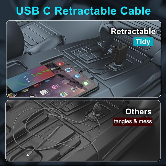 Retractable Car Charger, Total 75W Fast Charger 3 in 1 USB C Car Adapter, Retarctable Type C Cables (30 inch) and 2 USB Ports, Compatible with iPhone 16/15 Series, iPad, Galaxy, Pixel, Laptop and More