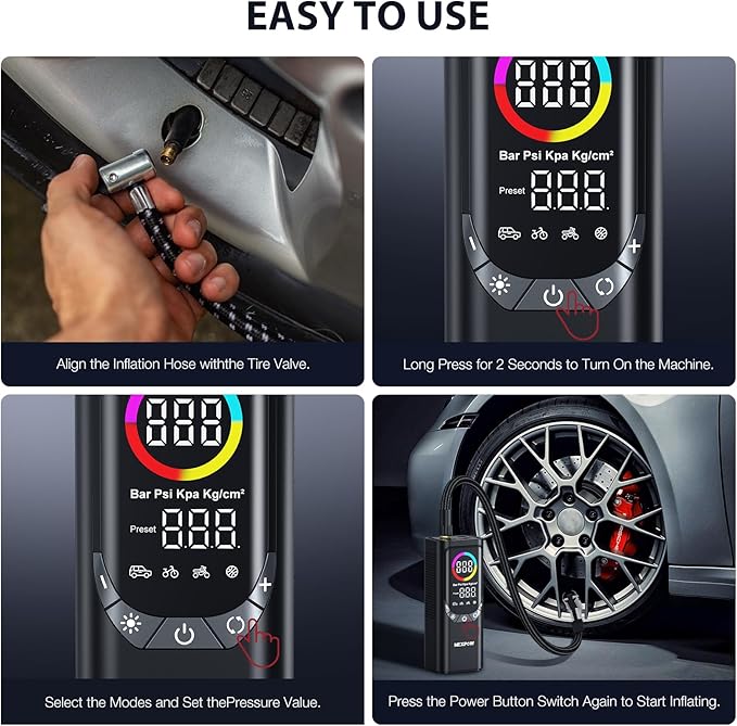 NEXPOW NP17 Portable Air Compressor, 150 PSI Digital Tire Inflator, Fast Inflation with Auto Shut-Off, LED Light, Multiple Nozzles for Car, Bike, and Ball, Compact Design, Grey