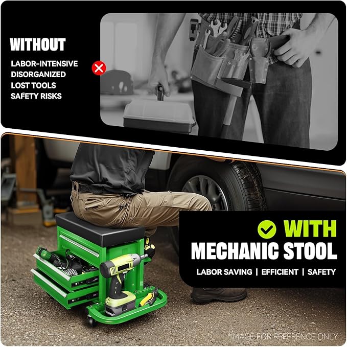 Auto Dynasty 3-Drawer Mechanic Rolling Seat, 350 LBS Capacity Roller Garage Shop Seat with Storage Tool Tray for Workshop, Repair Shop, Warehouse, Green