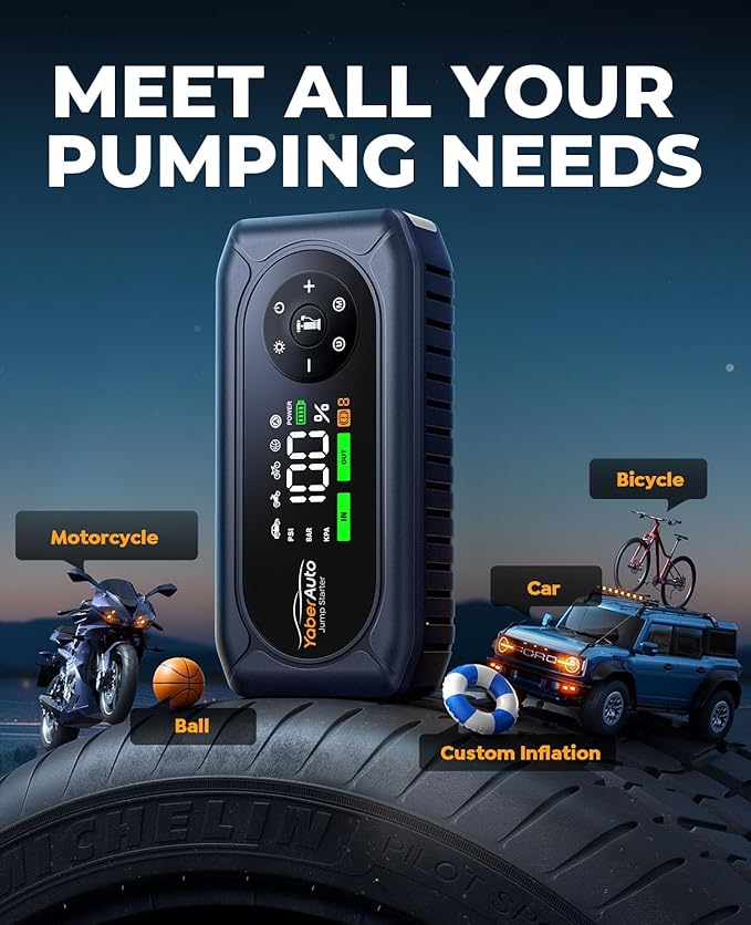 YaberAuto 9-in-1 Jump Starter with Air Compressor 4500A 150PSI Portable Car Battery Jump Starter (9L Gas/8L Diesel), Jump Box Car Battery Jumper Starter Portable Jumper Cables, Insulated Gloves, Light