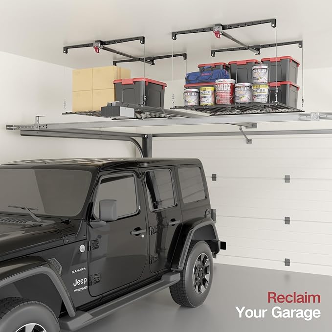 Overhead Garage Storage Lift, Adjustable Heavy-duty 4x4 Ft Ceiling Racks with Safety Lock, Ideal for Storage Lifting Organization System, 250lbs Capacity (Standard Edition)