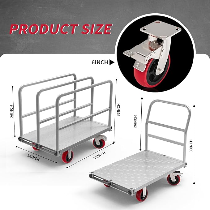 2IN1 Steel Panel Truck Cart, Lumber Cart Drywall Dolly，2500LBS Heavy Duty Flatbed Cart Dolly with 6" Swivel Brake Wheels, 40x24INCH 2MM Plate Platform Truck with 1Front and 3Side Handrails