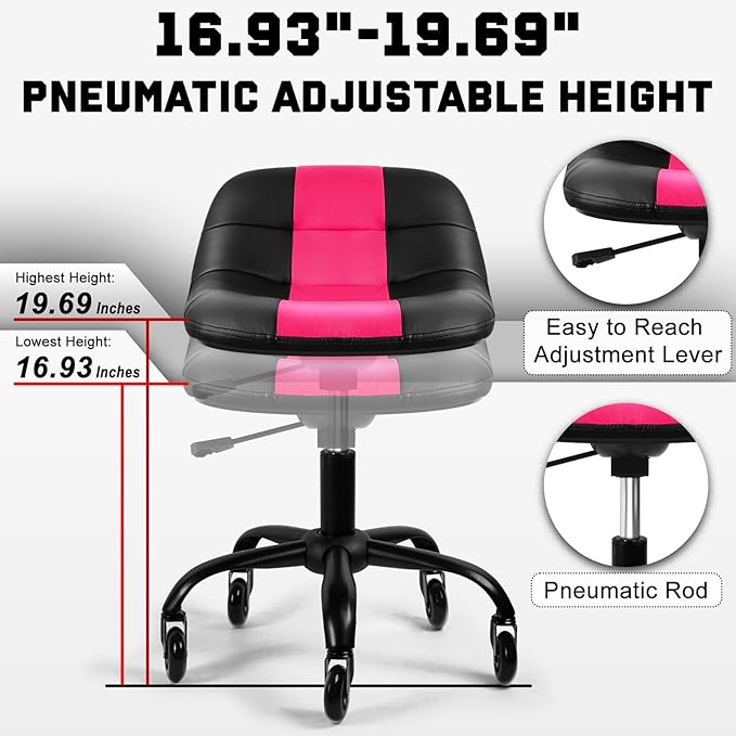 Rolling Stool with Wheels, Garage Shop Stool with Backrest, Roller Seat with Pneumatic Adjustable Height 16.93"-19.69", Heavy Duty Multi-Purpose Chair for Shop Salon Office Home, Pink