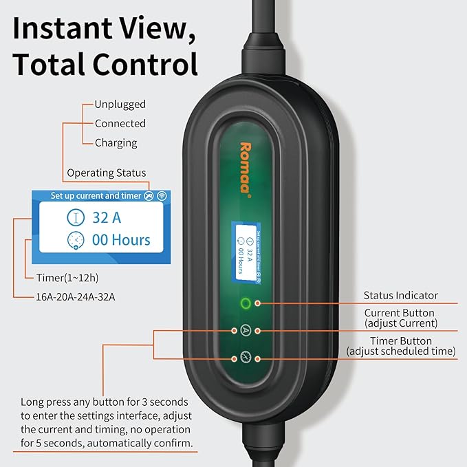 Level 2 EV Charger w/App Control: 32A 240V 7.68kW Fast Charging, NEMA 14-50 Plug & 25ft J1772 Charging Cable, Indoor/Outdoor Portable EVSE for Home, ETL/FCC Certified