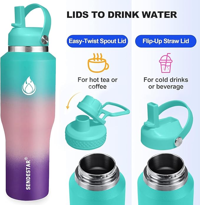 SENDESTAR 40oz Stainless Steel Water Bottle(Cold for 48 Hrs, Hot for 24 Hrs),Double Wall Vacuum Insulated Bottle with Straw Lid, Spout Lid and Flex Cap, Fit in Any Car Cup Holder
