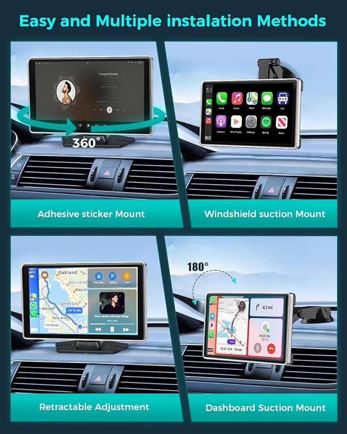 Wireless Carplay with 4K Dash Cam, 9" Portable Carplay Screen for Car, Apple Carplay & Android Auto Car Satellite Radio with 1080P Backup Camera, GPS Navigation/Mirror Link/Voice Control/Bluetooth