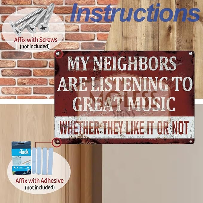 'My Neighbors Are Listening to Great Music' Funny Man Cave Decor for Men | 12x8″ Durable Vintage Metal Man Cave Signs Wall Decorations for Basement/Garage/Mancave/Music Room, 2359