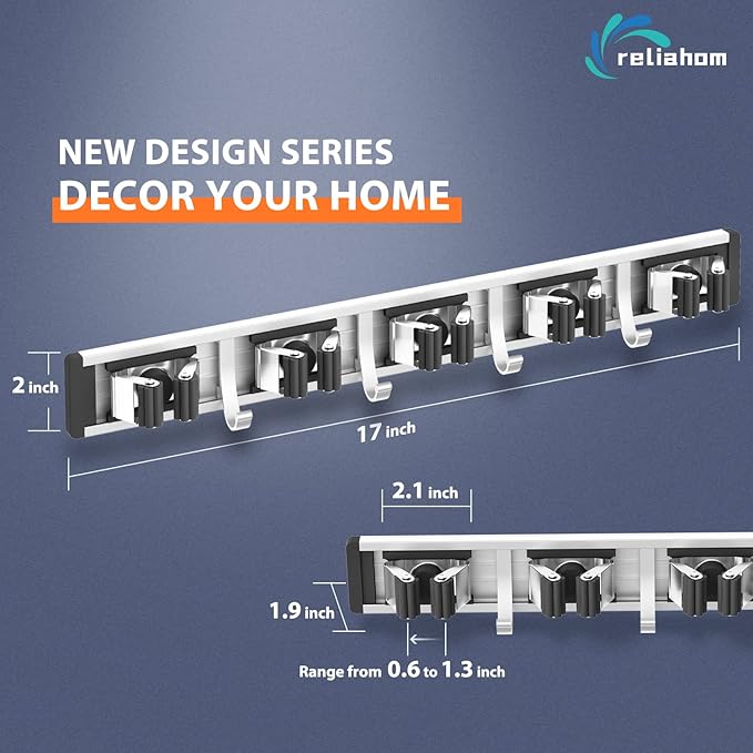 Broom Holder Wall Mount Mop and Broom Hanger Wall Mounted Garage Storage Rack Kitchen Garden Tool Organizer (5 Racks with 4 Hooks, Black)