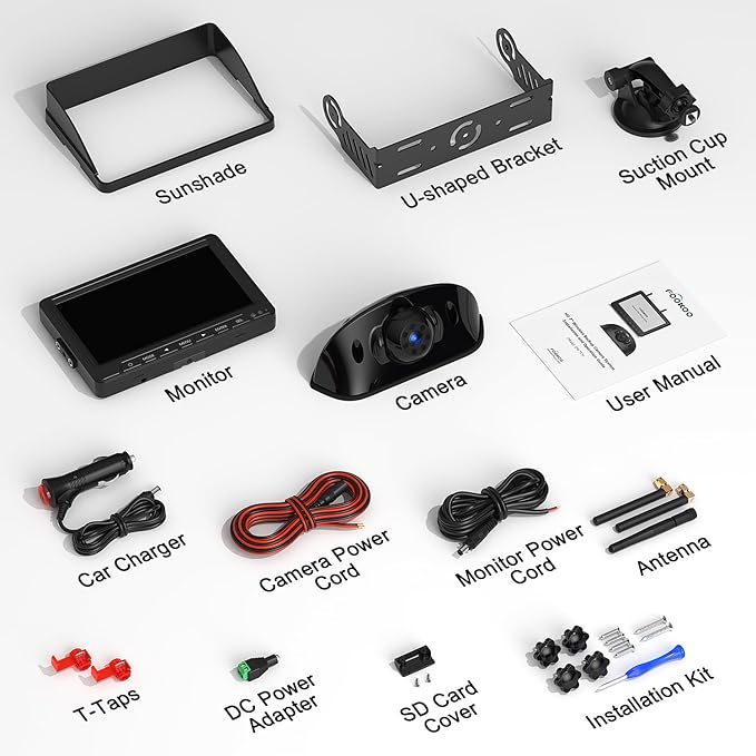 Fookoo HD 1080P 7" Wireless RV Backup Camera System for Furrion Pre-Wired RV Truck Camper, 7" IPS DVR Monitor & Rear View Camera, IR Night Vision IP69 Waterproof DIY Parking Lines - DW7Y5