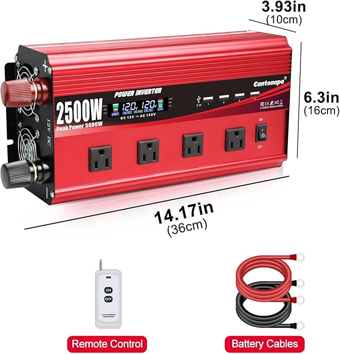 2500W Power Inverter 12V to 110V/120V DC to AC with LCD Display, Remote Controller 4 x AC Outlets and 4 x 3.1A USB Car Adapter for Car Truck Boat RV Solar System