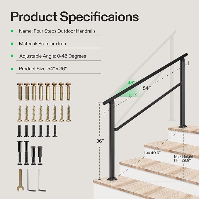 VIVOSUN Outdoor Handrail, 4 Step Stair Handrail, 54" x 36" Fits 1 to 4 Steps, Wrought Mattle Iron Handrail for Concrete Steps, Porch Steps, One-Step Assembly, Black