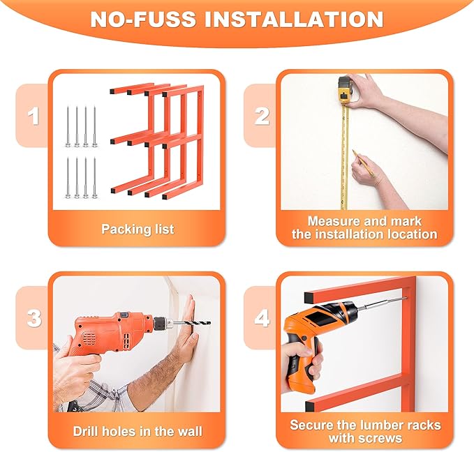 Ultrawall Lumber Storage Rack Wall Mount Wood Storage Racks, Metal Wood Organizer Racks for Shed, Workshop, Garage, Holds Up 220 LBS Per Level (Pack of 4, Orange)