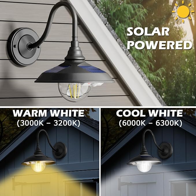 SIEDiNLAR Solar Barn Light Outdoor 3 Modes 2 Lighting, Aluminum Gooseneck Wall Light Vintage Farmhouse Waterproof with Remote & Motion Sensor for Barn Garage Shed Chicken Coop Porch Black (1 Pack)