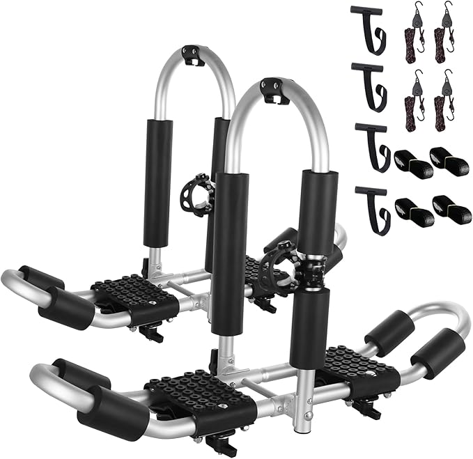 FORWODE Kayak Roof Rack, 2 in 1 Aluminum 2 Pair J-Bar Roof Rack, Folding Adjustable Rack, Weight 160 LBS Heavy Duty Kayak Roof Carrier 2 Kayak, Canoe, SUV, Surfboard on SUV, Car and Truck Crossbar