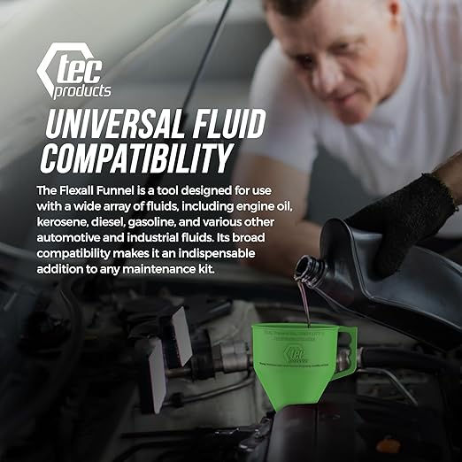 FlexAll Long Flexible Funnel for Automotive Use - Durable Nitrile Rubber - Ideal for Car Oil Change, Transmission Funnel Fluid, Diesel, Fuel, Gas - Made in USA - Green (16 x 5 Inches)