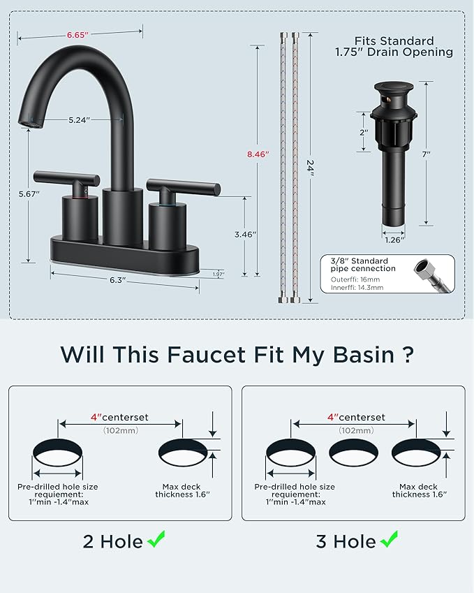 FORIOUS 4 Inch Centerset Bathroom Faucet Black 2 Hole, Two Handle Matte Black 4 Inch Faucet for Bathroom Sink Centerset with Metal Dain, Supply Line, and 360° Rotating Spout Rv Basin Tap
