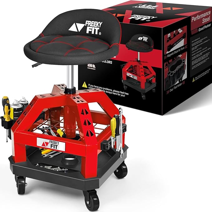 Rolling Shop Stool for Garage with Casters, DO02-Adjustable Height 360° Swivel Shop Seat with Tool Tray Storage, 330 LBS Capacity Padded Mechanic Stool, Magnetic Tool Hold, Heavy Duty, Red
